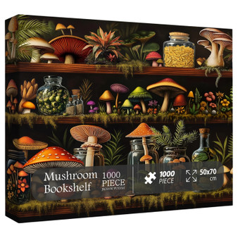 Beautiful Mushroom Bookshelf Puzzles for Adults 1000 Pieces, Colorful Plant Bottle Art, Pretty Scenic Painting Fantasy Puzzle