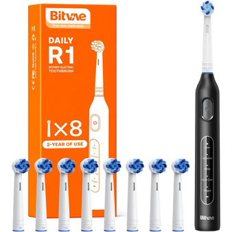 Bitvae R1 Rotating Electric Toothbrush for Adults and Kids, Rechargeable Electric Toothbrush with 60-Day Battery Life, 8 Brush Heads, 5 Modes, 2-Minute Smart Timer, Black