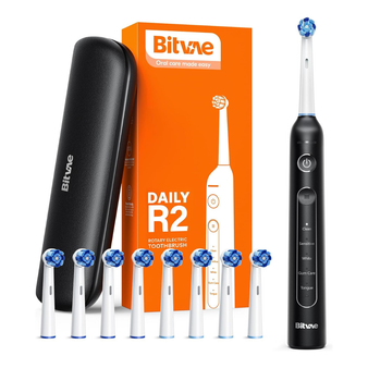 Bitvae R2 Rotating Electric Toothbrush for Adults with 8 Brush Heads, Travel Case, 5 Modes Rechargeable Power Toothbrush with Pressure Sensor, 3 Hours Fast Charge for 30 Days, Black
