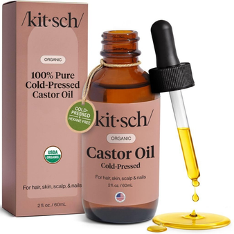 Kitsch Organic Castor Oil for Hair Growth - 100% Pure Castor Oil, Organic Cold Pressed Unrefined Glass Bottle for Face, Skin, Lashes, Brows, Scalp, Nails & Belly Button | Ideal Gifts for Women - 60 mL