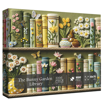 Spring Floral Bookshelf Puzzles for Adults 1000 Pieces, Challenging Bunny Garden Library with Flower and Butterfly, Vintage Botanical Book Spine Aesthetic Art Jigsaw Puzzle