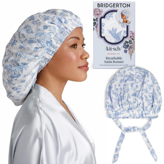 Kitsch x Bridgerton Satin Bonnet for Sleeping - Softer Than Silk Bonnet For Sleeping Women - Secure Fit, Adjustable, Night Cap For Curly & Textured Hair - Prevents Breakage & Tangles - Garden Toile