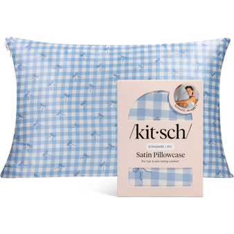 Kitsch Satin Pillowcase with Zipper - Standard Size, Gingham Blue | Softer Than Silk Pillow Cases, Smooth Cooling Satin Pillow Case for Hair and Skin, Wrinkle-Free, Machine Washable