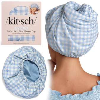 Kitsch Luxury Satin-Lined Flexi Shower Cap for Women - Gingham Blue | Shower Caps for Women Reusable Waterproof - Non-slip, Comfortable Quick-dry Hair Shower Cap for All Hair Types