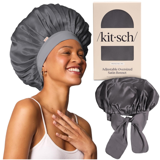 Kitsch XL Satin Bonnet for Sleeping - Softer Than Silk Hair Bonnet for Women - Secure Fit, Adjustable Night Cap for Curly & Textured Hair - Prevents Breakage, Tangles & Thinning - Charcoal