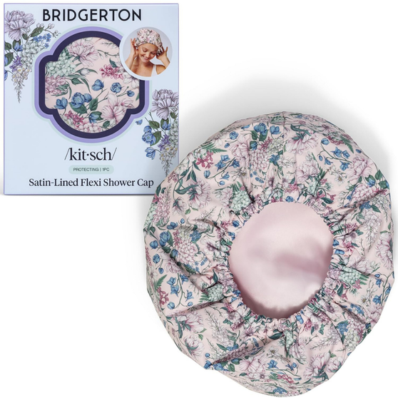 Bridgerton x Kitsch Satin-Lined Flexi Shower Caps for Women Reusable Waterproof - Large Wide Shower Cap for Women & Men, Adjustable, Stylish Hair Cap for Showers, For Long & Short Hair - Wisteria