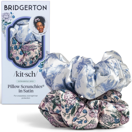 Bridgerton x Kitsch Satin Scrunchies for Women, No Snag, No Tugging, Soft & Comfortable Scrunchies for Girls, Perfect for Day or Night | Ideal Gifts for Women - Toile De Blue, 2pcs