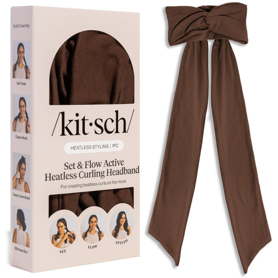 Kitsch Set & Flow Active Heatless Curling Headband For Women - Brown, 1pc - Soft, Breathable Cotton Head Bands For Women's Hair – Stretchy Fit, Achieves Curls Overnight – Gym-To-Glam In Minutes