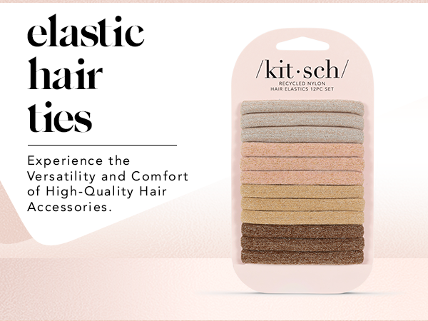 Kitsch Hair Ties No Damage - Strong, Stretchy Hair Bands, Recycled Nylon Glitter Medium Elastics 12pc - Neutral