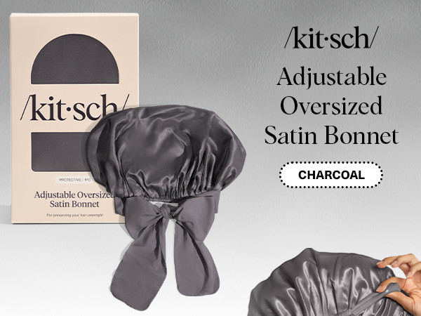 Kitsch XL Satin Bonnet for Sleeping - Softer Than Silk Hair Bonnet for Women - Secure Fit, Adjustable Night Cap for Curly & Textured Hair - Prevents Breakage, Tangles & Thinning - Charcoal