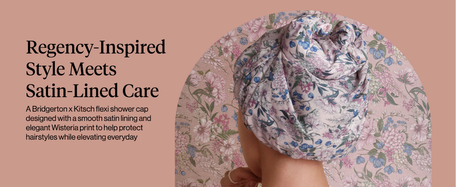 Bridgerton x Kitsch Satin-Lined Flexi Shower Caps for Women Reusable Waterproof - Large Wide Shower Cap for Women & Men, Adjustable, Stylish Hair Cap for Showers, For Long & Short Hair - Wisteria
