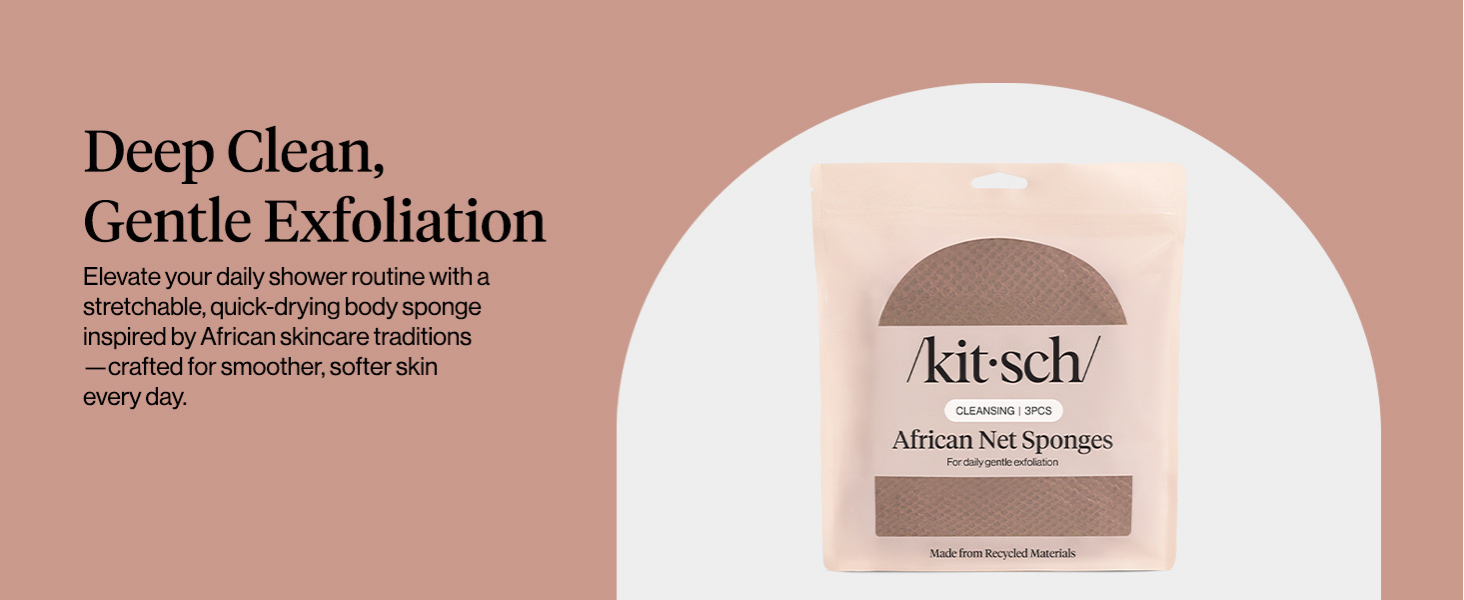 Kitsch African Net Sponge &ndash; Exfoliating Body Scrubber for Cleansing & Gentle Daily Exfoliation &ndash; Stretchable Bath Sponge for Hard-to-Reach Areas, Long-Lasting Shower Essential - Rosewood, 3 Pcs