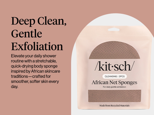 Kitsch African Net Sponge &ndash; Exfoliating Body Scrubber for Cleansing & Gentle Daily Exfoliation &ndash; Stretchable Bath Sponge for Hard-to-Reach Areas, Long-Lasting Shower Essential - Rosewood, 3 Pcs
