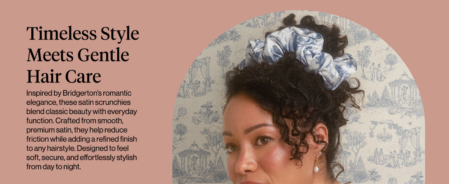 Bridgerton x Kitsch Satin Scrunchies for Women, No Snag, No Tugging, Soft & Comfortable Scrunchies for Girls, Perfect for Day or Night | Ideal Gifts for Women - Toile De Blue, 2pcs