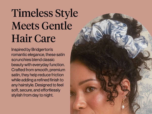 Bridgerton x Kitsch Satin Scrunchies for Women, No Snag, No Tugging, Soft & Comfortable Scrunchies for Girls, Perfect for Day or Night | Ideal Gifts for Women - Toile De Blue, 2pcs