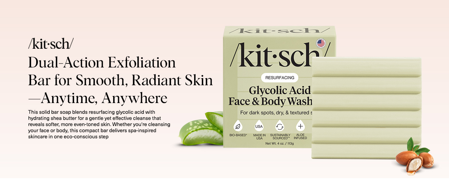 Kitsch Glycolic Acid Face & Body Wash Bar &ndash; Resurfacing Bar Soap with Shea Butter for Smoother, Brighter Skin &ndash; Gentle Soap & Body Wash Women & Men Love &ndash; Cucumber & Eucalyptus Scent Bath Soap - 113g