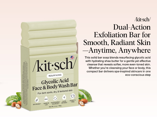 Kitsch Glycolic Acid Face & Body Wash Bar &ndash; Resurfacing Bar Soap with Shea Butter for Smoother, Brighter Skin &ndash; Gentle Soap & Body Wash Women & Men Love &ndash; Cucumber & Eucalyptus Scent Bath Soap - 113g