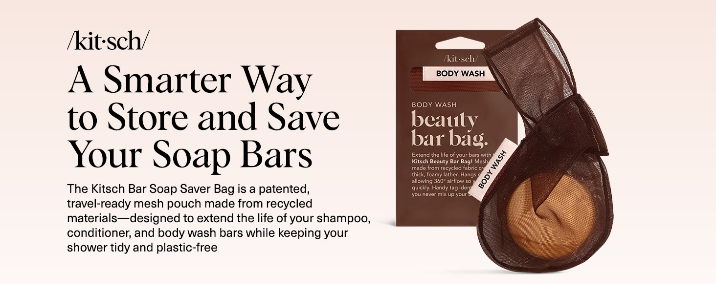 Kitsch Bar Soap Saver Pouch &ndash; Patented Mesh Soap Bag for Shampoo and Conditioner Bars - Extends Use & Prevents Soggy Mess - Recycled Beauty Bar Bag, Eco-Friendly - Chocolate