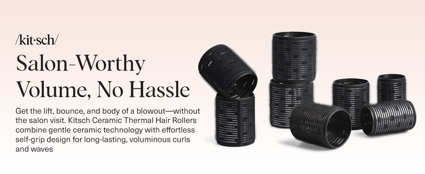 Kitsch Ceramic Hair Rollers for Women &ndash; Self Grip Hair Curlers for Heatless Curl Overnight, Long Lasting Frizz-Free Curls Volumizing Large Rollers for All Hair Types - Black, 8 count (Pack of 1)