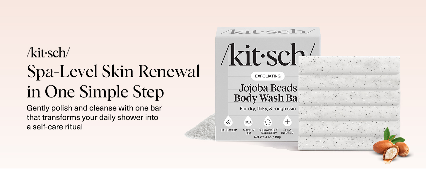 Kitsch Jojoba Beads Exfoliating Body Wash Bar &ndash; Nourishing Bar Soap with Shea Butter & Aloe for Dry, Flaky Skin &ndash; Soap bar & Body Scrub for Smooth, Refreshed Skin &ndash; Rosemary & Cedarwood Scent - 113g