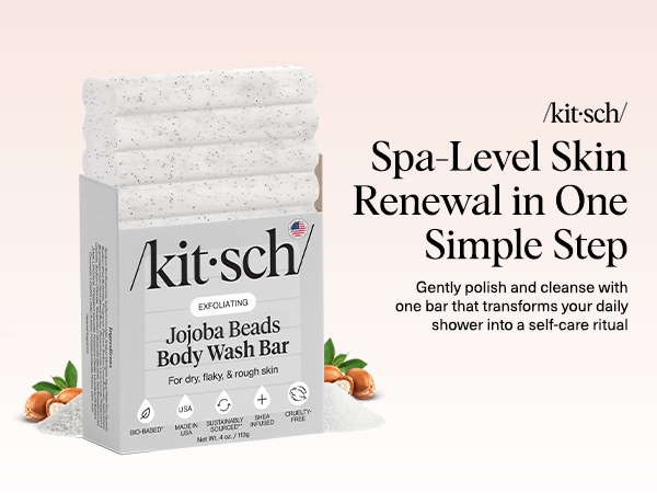 Kitsch Jojoba Beads Exfoliating Body Wash Bar &ndash; Nourishing Bar Soap with Shea Butter & Aloe for Dry, Flaky Skin &ndash; Soap bar & Body Scrub for Smooth, Refreshed Skin &ndash; Rosemary & Cedarwood Scent - 113g