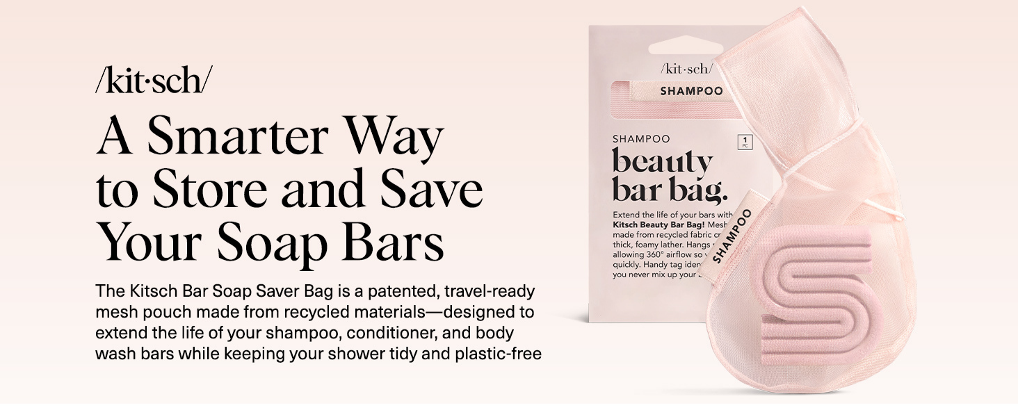 Kitsch Bar Soap Saver Pouch &ndash; Patented Mesh Soap Bag for Shampoo and Conditioner Bars - Extends Use & Prevents Soggy Mess - Recycled Beauty Bar Bag, Eco-Friendly - Blush