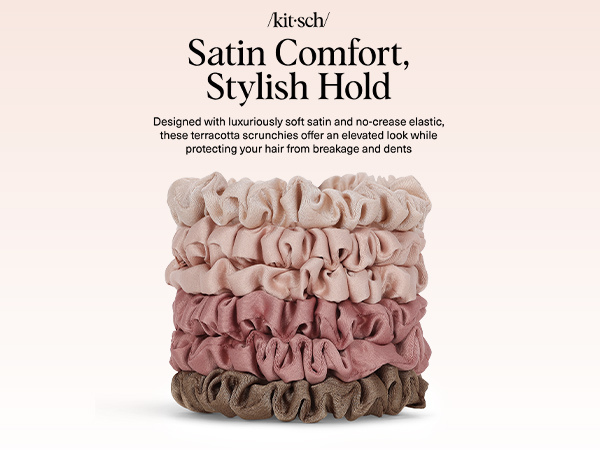 Kitsch Satin Scrunchies for Women - No Crease Hair Ties for Girls | Scrunchies For All Hair Types and Textures, Perfect for Day or Night | Ideal Gifts for Women - 6 Pcs, Terracotta