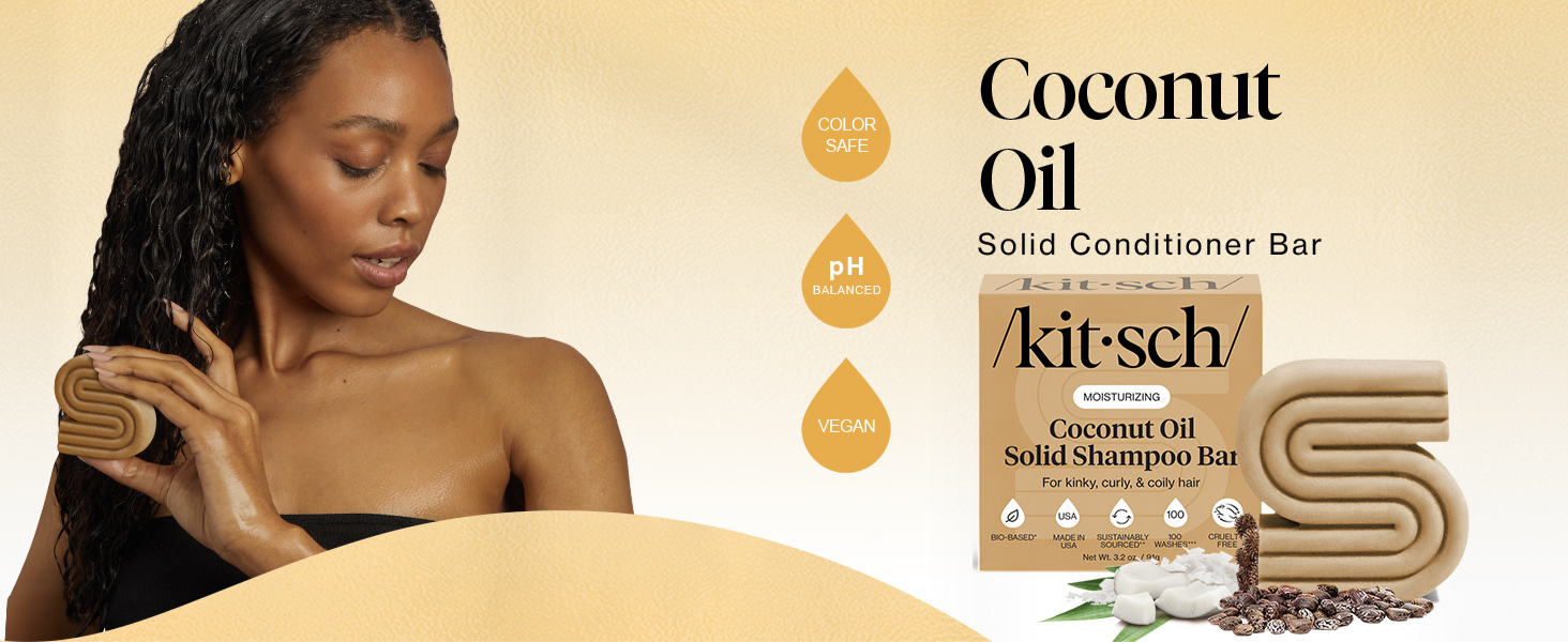 Kitsch Coconut Oil Shampoo Bar - Hydrate & Soften Dry Damaged Hair - Deep Moisturizing Curly Hair Shampoo - Safe Shampoo for Color Treated Hair - Silicone, Paraben & Sulfate Free - Made in USA