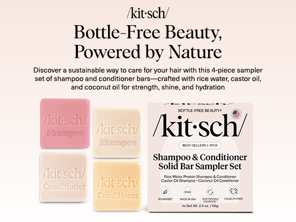 Kitsch Shampoo and Conditioner Set - 4pc Sampler Bars with Rice Water Shampoo and Conditioner, Castor Oil Shampoo & Coconut Oil Conditioner - Bottle-Free Beauty for Hair Growth, Repair & Moisture