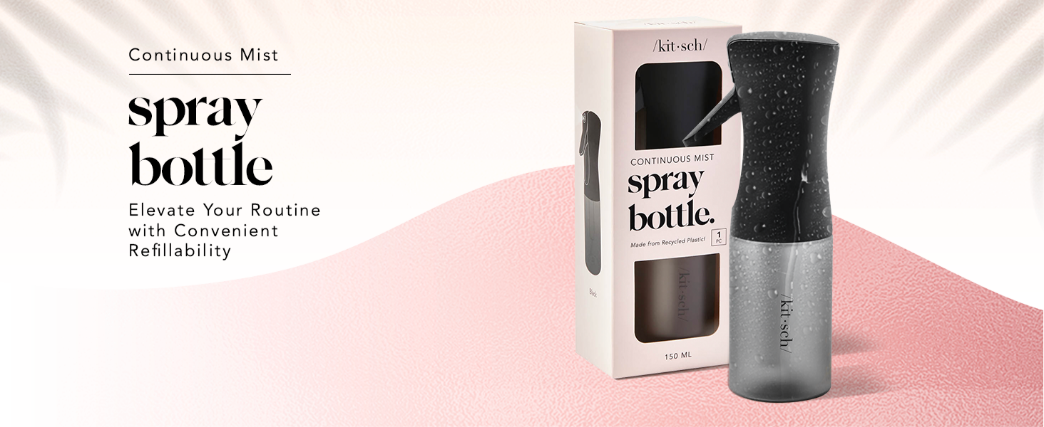 Kitsch Continuous Spray Bottle for Hair &ndash; Fine Mist Water Mister & Water Spray Bottle &ndash; Recycled Hair Spray Bottle &ndash; Spray Bottles for Cleaning, Styling, Plants & More &ndash; Black, 150ml