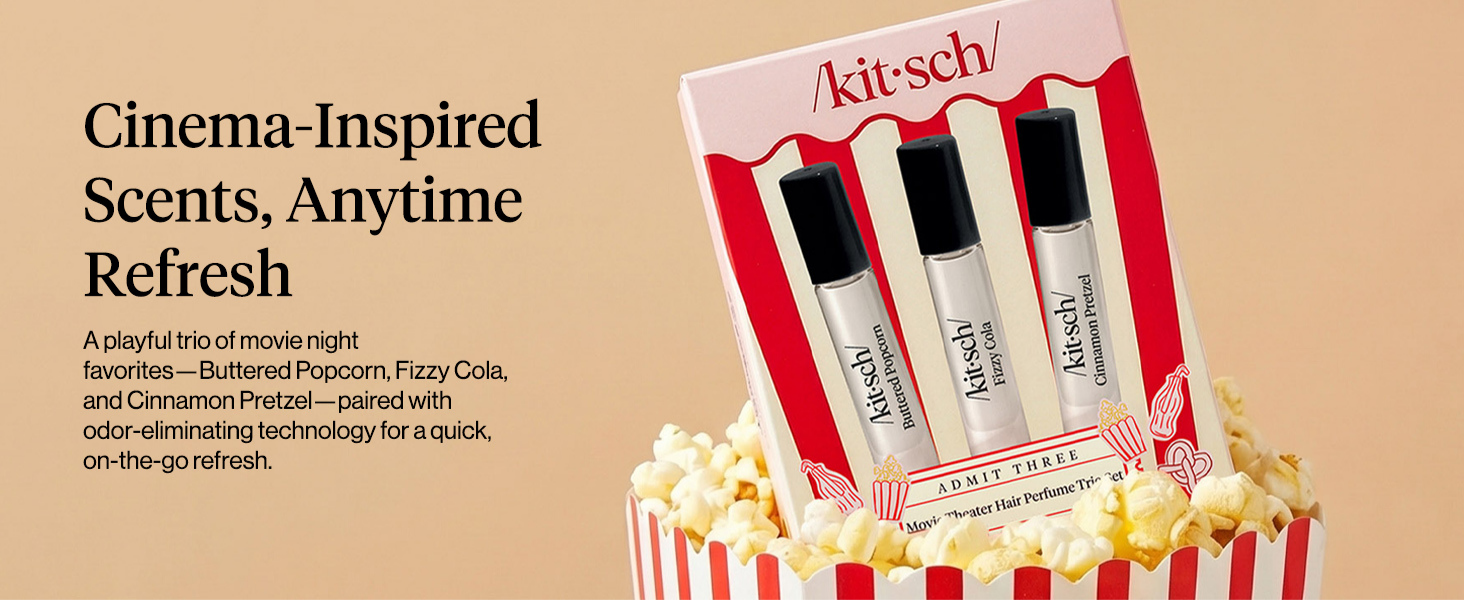 Kitsch Hair Perfume for Women - Movie Theater Set | Deodorizing & Patented Odor-Eliminating Technology Hair Spray & Body Mist - Buttered Popcorn, Fizzy Cola & Cinnamon Pretzel, 3x10mL