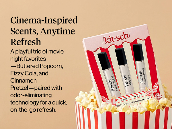 Kitsch Hair Perfume for Women - Movie Theater Set | Deodorizing & Patented Odor-Eliminating Technology Hair Spray & Body Mist - Buttered Popcorn, Fizzy Cola & Cinnamon Pretzel, 3x10mL