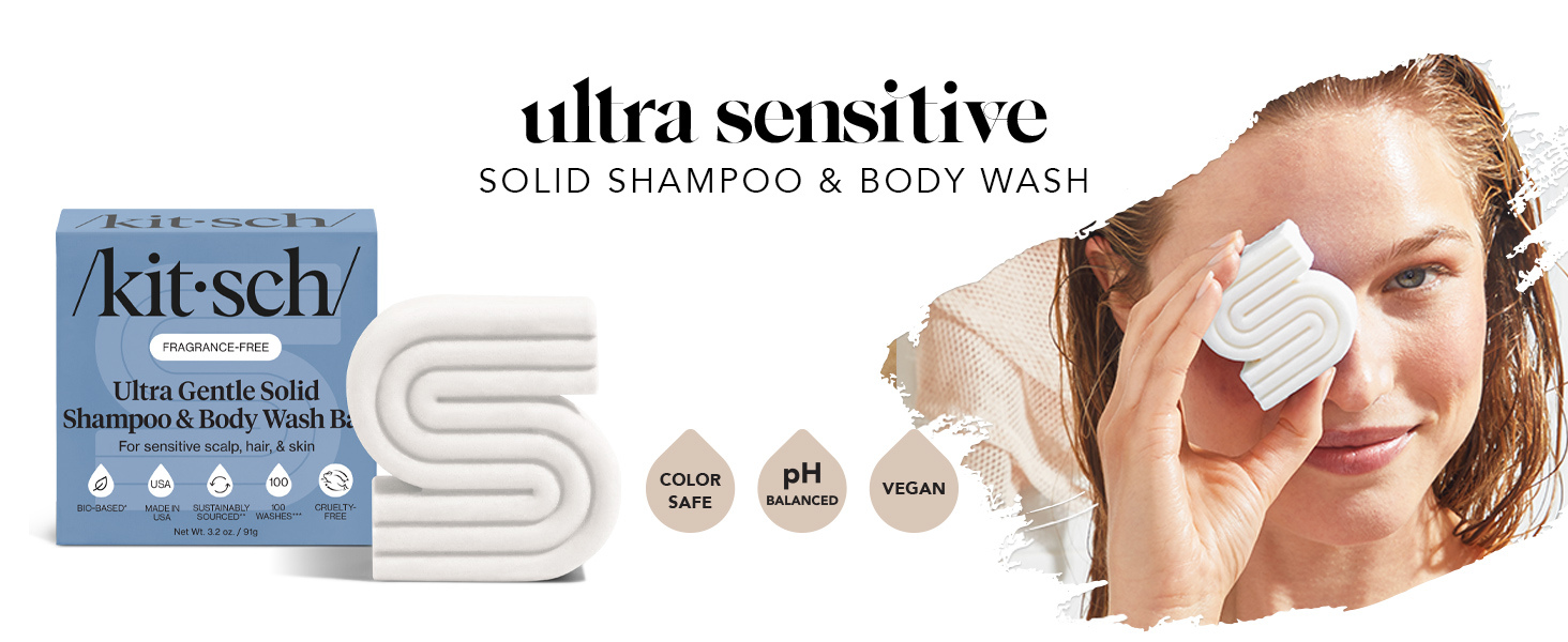 Kitsch Ultra Sensitive 2-in-1 Shampoo Bar and Body Wash Bar Soap | 5-Ingredient Formula Hair Care & Body Care - Fragrance Free & Vegan for Sensitive Scalp & Skin - Made in the USA