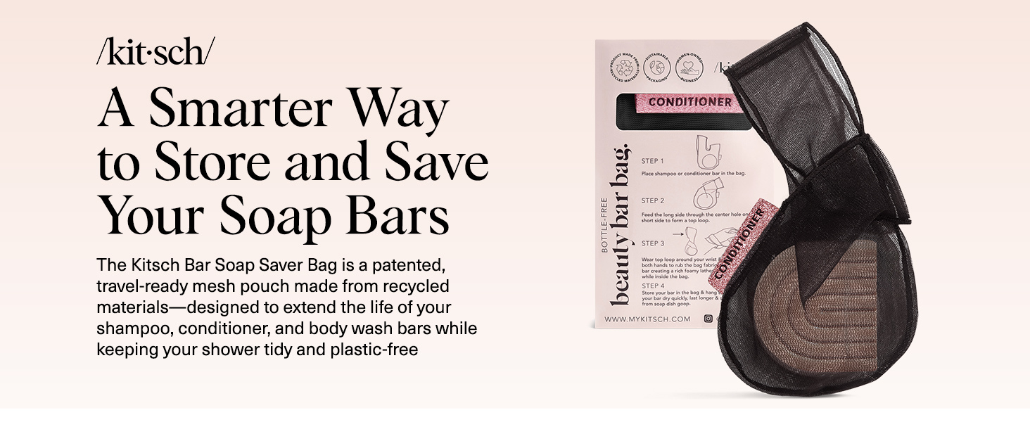 Kitsch Soap Saver Bag &ndash; Patented Mesh Bag Soap Holder &ndash; Black - for Shampoo and Conditioner Bars &ndash; Extends Use & Prevents Soggy Mess &ndash; Recycled Beauty Mesh Pouch, Eco-Friendly