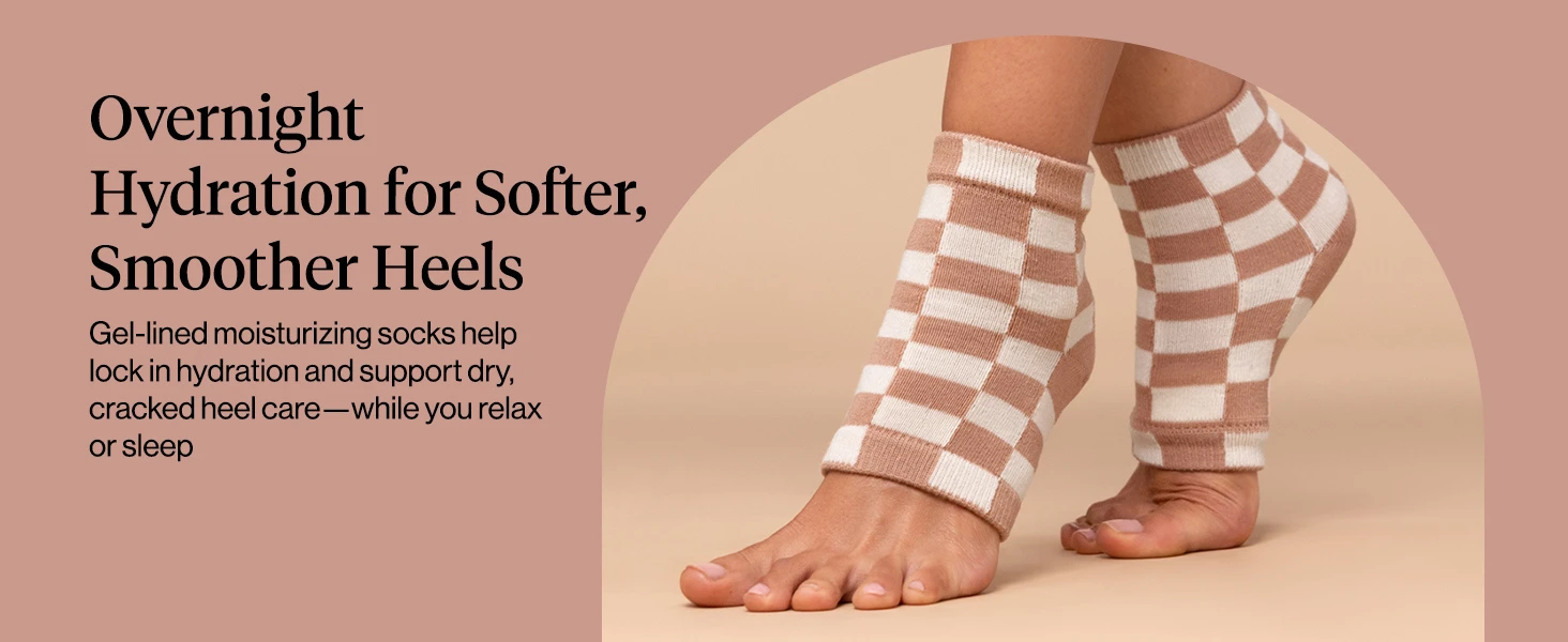 Kitsch Large Moisturizing Heel Socks - Terracotta Checker Moisturizing Heel Socks for Women & Men, Overnight Foot Masks with Insulated Gel Lining for Cracked Heels, Open-Toe Design