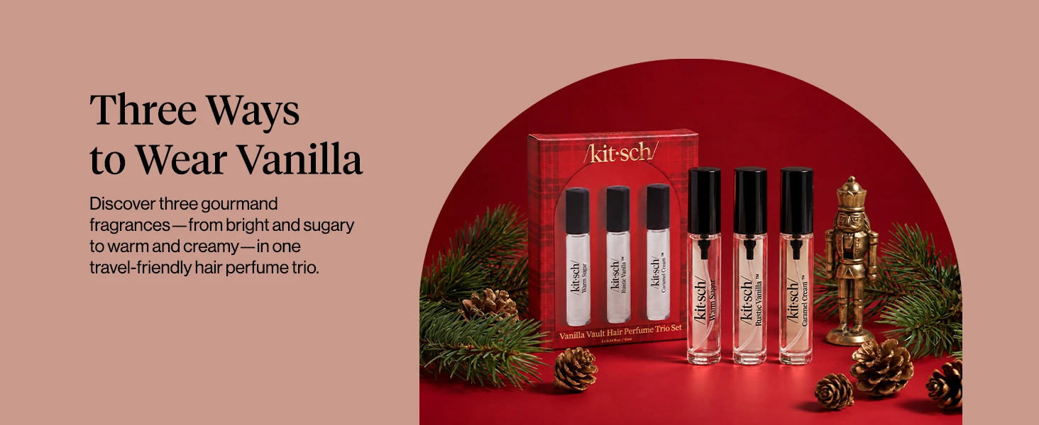 Kitsch Trio Vanilla Vault Hair Perfume for Women - Hair Spray & Body Mist, Clean, Deodorizing & Patented Odor-Eliminating Technology – Freshen Hair, Body & Pillows – Made in USA – 3x10mL