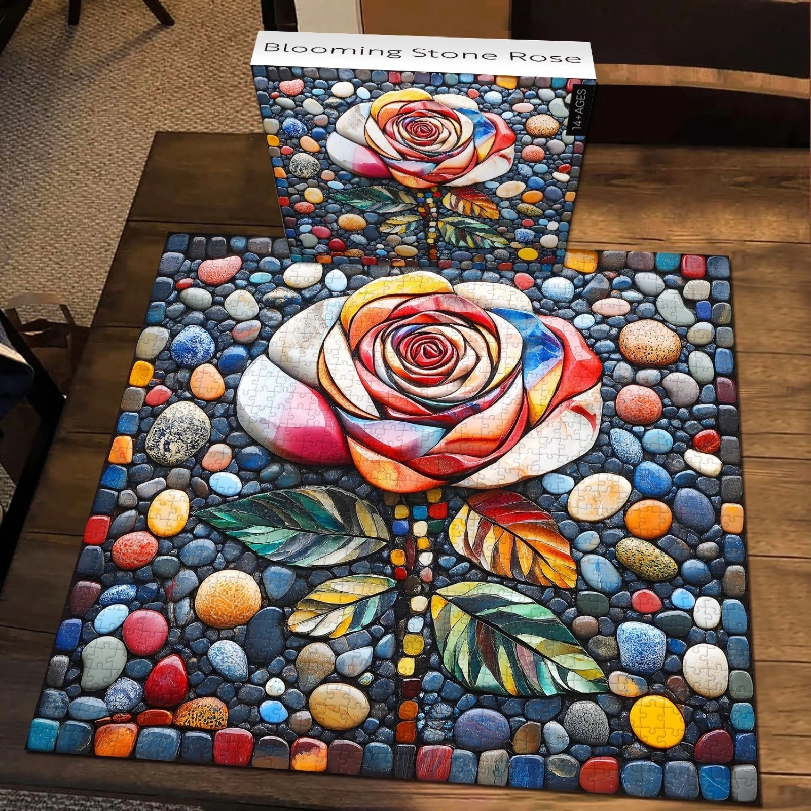 A stunning 1000-piece puzzle featuring a breathtaking stone mosaic of a blooming rose, blending vibrant colors and intricate details for a truly mesmerizing experience.
