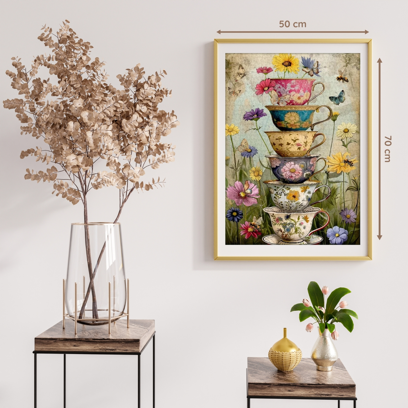 Vintage flower cup 1000 piece jigsaw puzzle for adults. This puzzle features a set of vintage-style flower cups, each of which is painted with exquisite floral patterns. From the elegance of the teacups to the brightness of the flowers, to the agility of the butterflies, each color is full of the charm of time and the delicacy of art.
