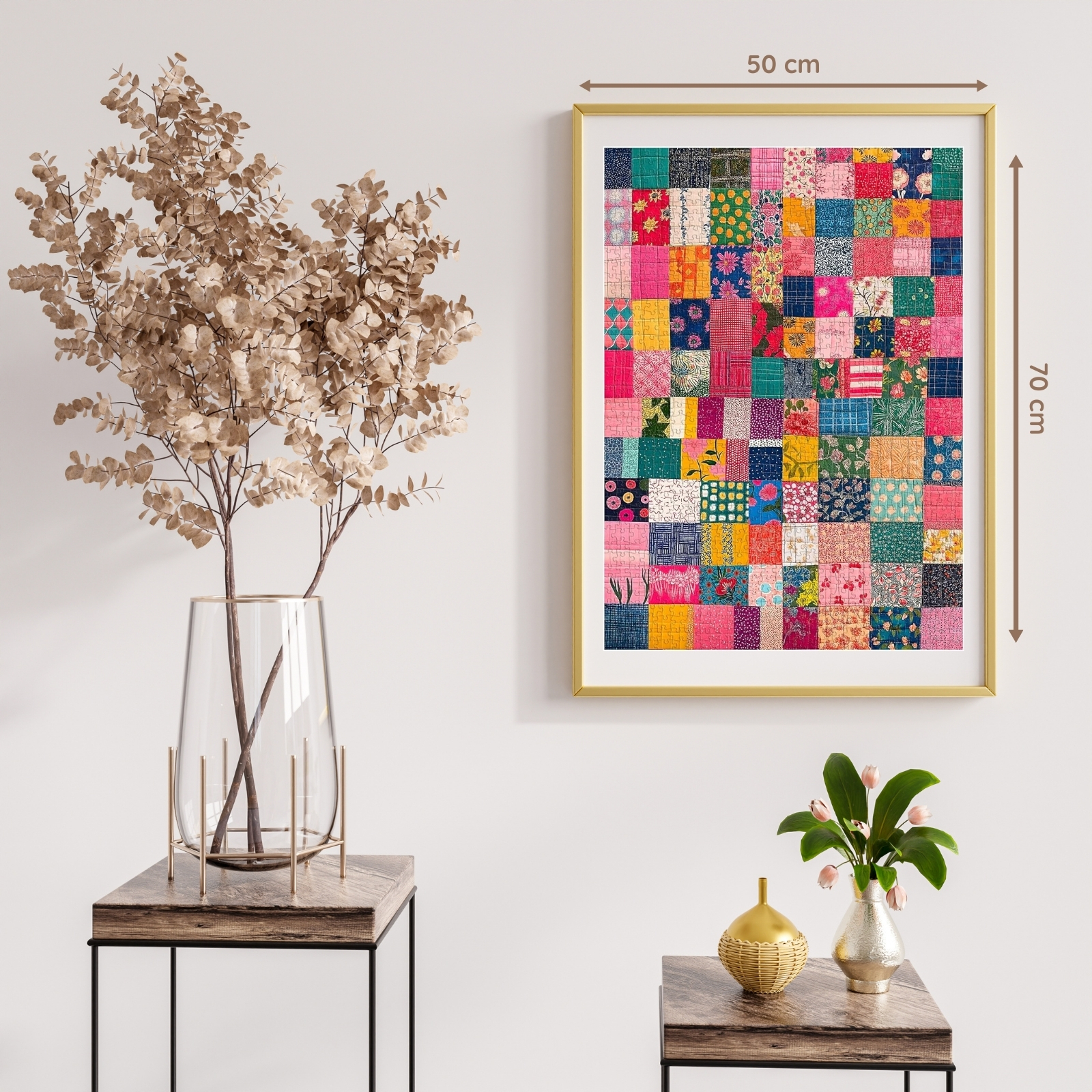 Vibrant patch 1000 piece jigsaw puzzle. This is a feast of color and creativity! This breathtaking quilted art painting is a perfect combination of traditional craftsmanship and modern design. Each color block is carefully selected and together they form this vibrant and individual painting. This is not only a decorative piece, but also a love of life and the pursuit of beauty. Let's enjoy this piece of art together and feel the color and warmth it brings!