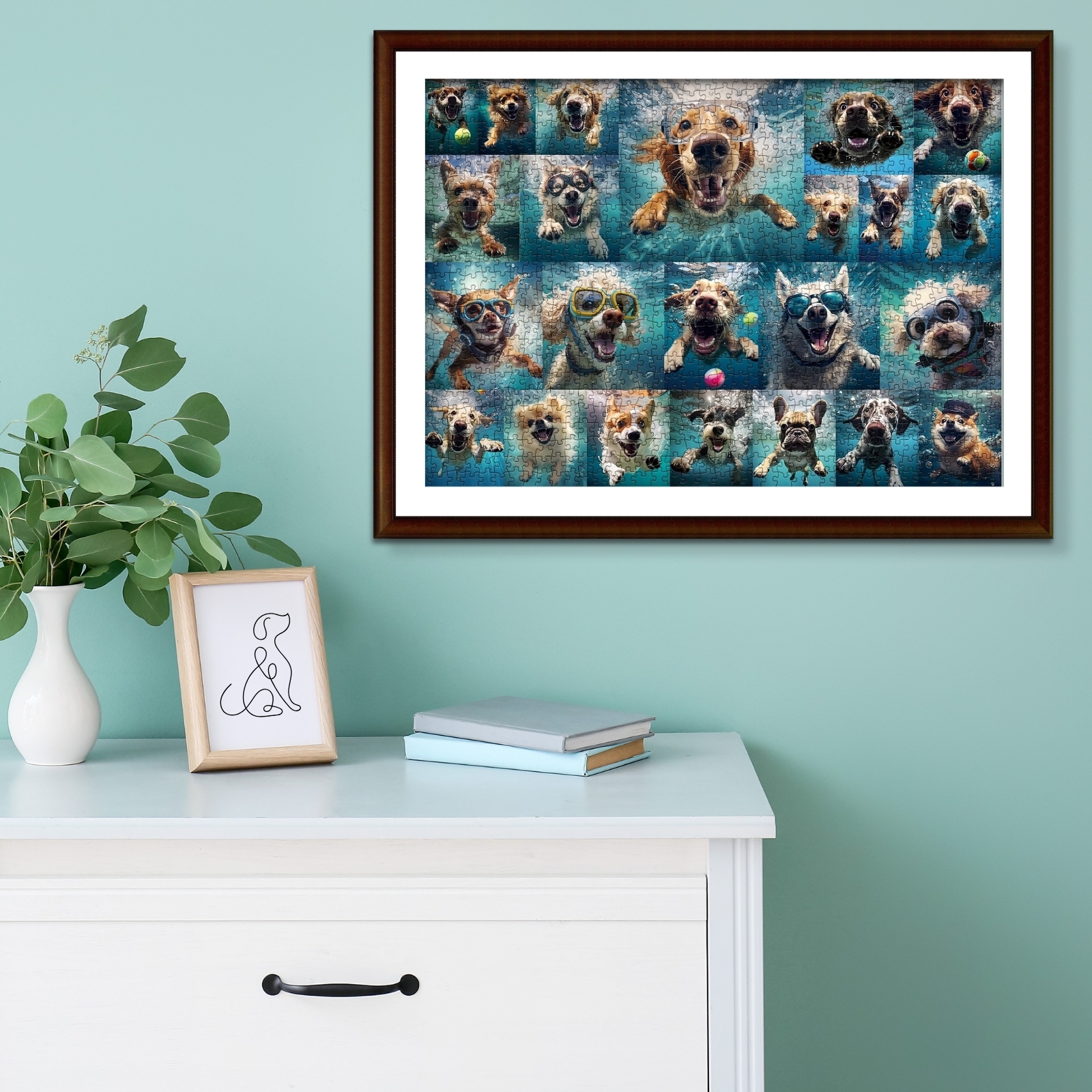 Underwater Dogs 1000 Piece Jigsaw Puzzle: Dive into joy with our whimsical underwater jigsaw featuring a delightful array of dogs swimming, each exuding charming expressions. Perfect for a playful touch at home!