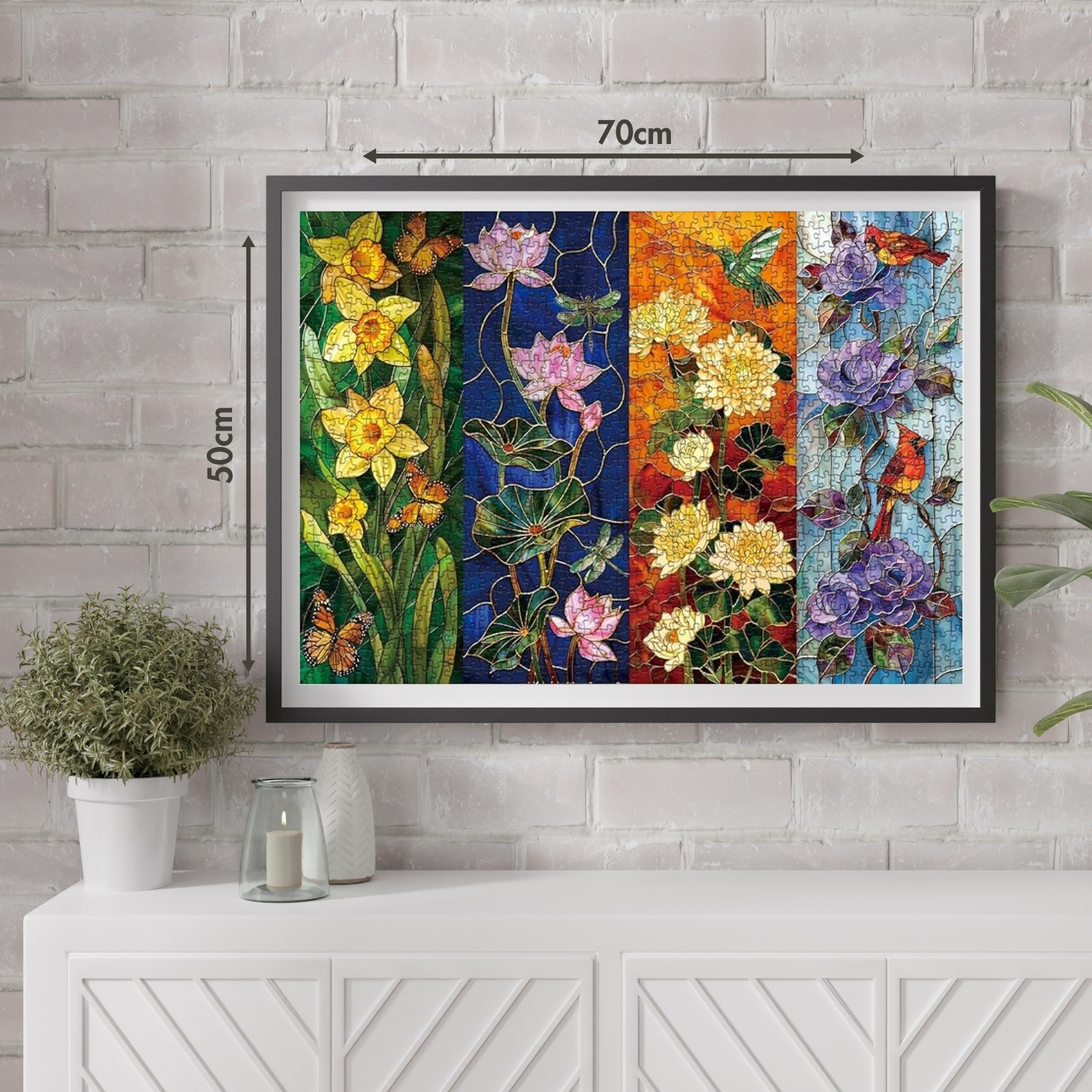 Season Symphony 1000 Piece Jigsaw Puzzle for Adults: Immerse yourself in the enchanting beauty of "Season Symphony." This stunning puzzle features four glass art panels, each depicting the vibrant flowers of a different season. The intricate design and vivid colors capture the essence of spring, summer, autumn, and winter in one harmonious piece.