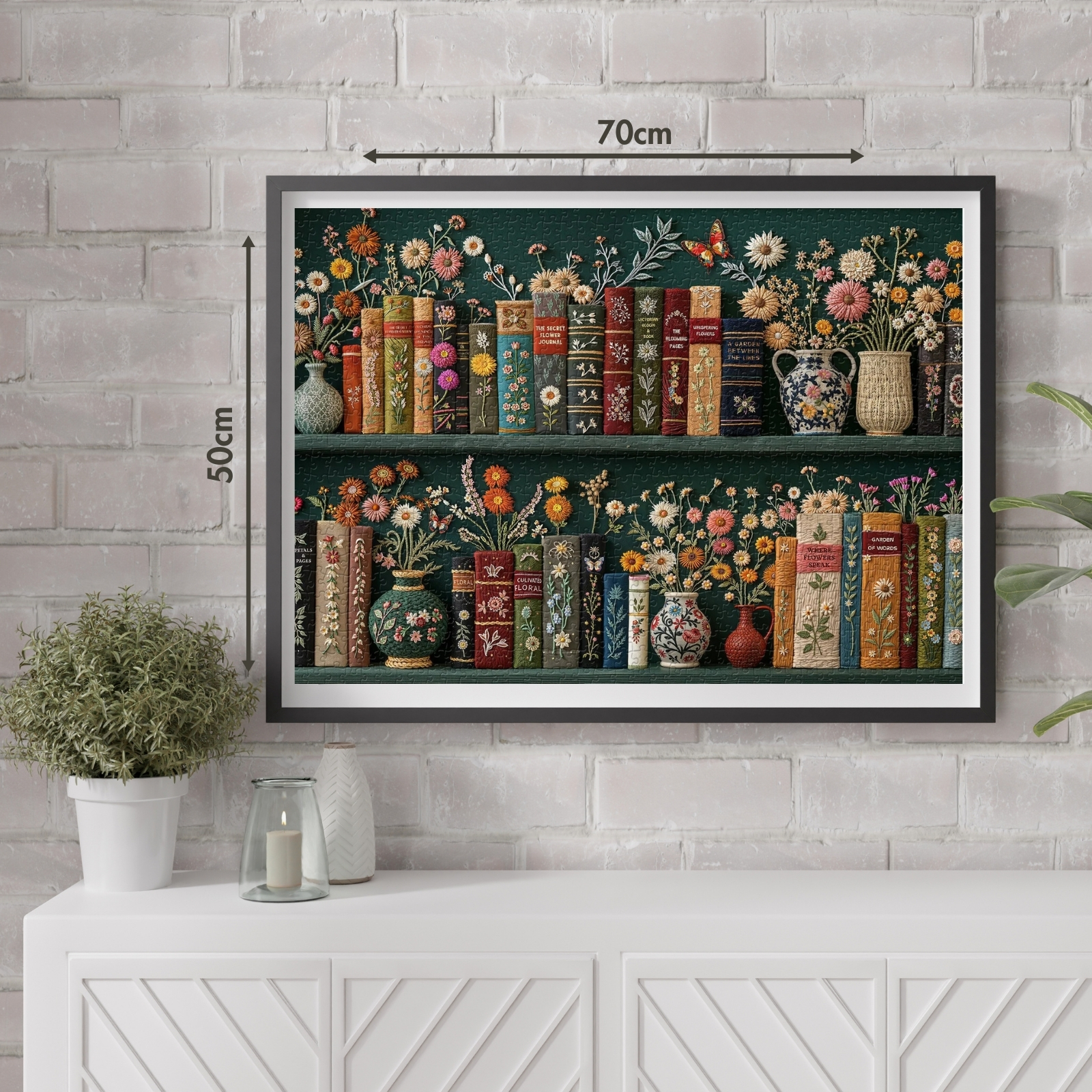 Blooming Bookshelf 1000 Piece Jigsaw Puzzle for Adults: Rich, lively colors bring the bookshelf to life.