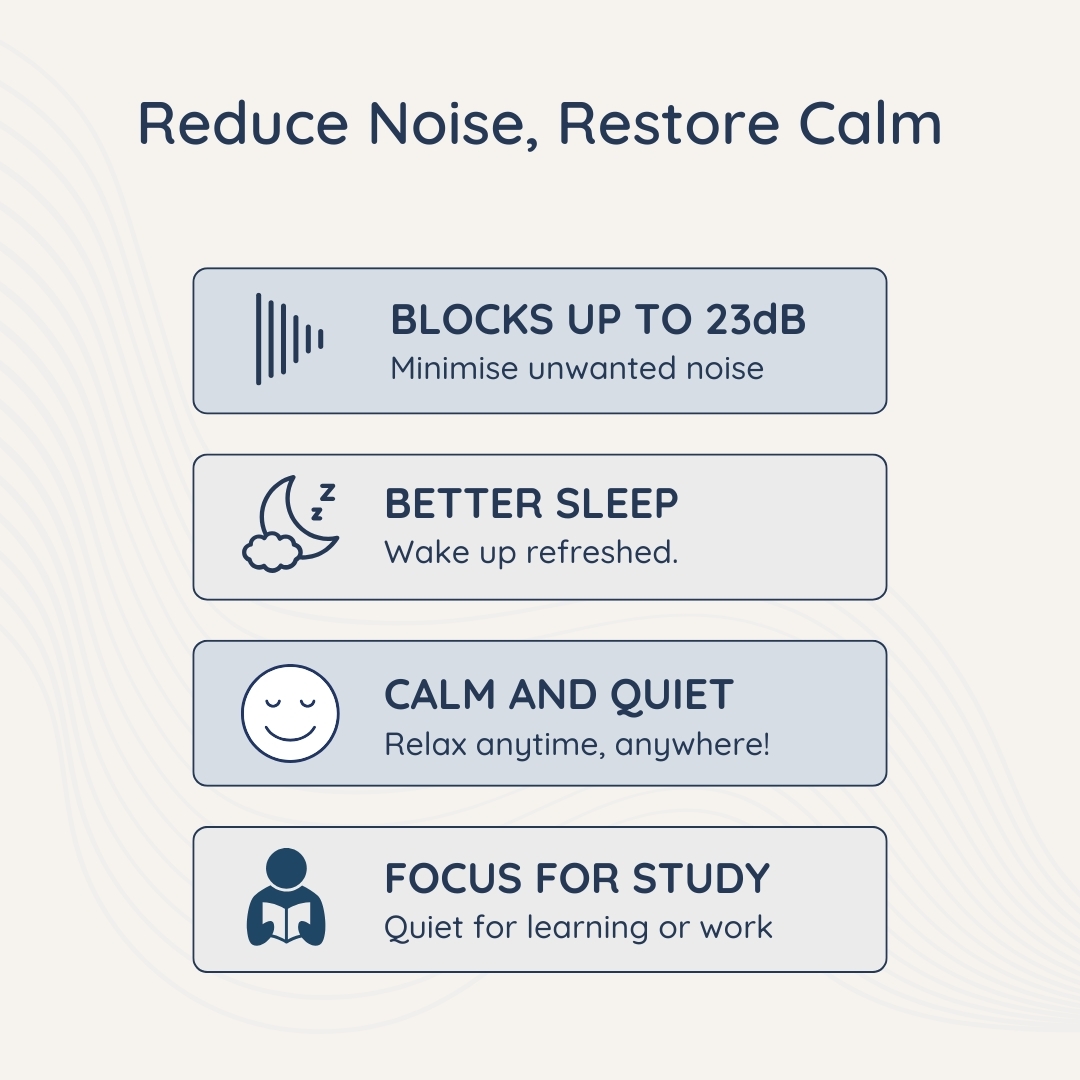 QuietSleep EarPlugs for Sleeping Reduce Noise, Restore Calm. Blocks up to 23db noise. Get better sleep, wake up refreshed. Calm and quiet. Focus for study and quiet for learning or work.