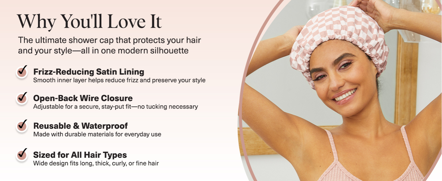 Kitsch Luxury Shower Caps for Women Reusable Waterproof - Flexi Satin Lined, Large Wide Shower Cap for Women & Men, Adjustable, Stylish Hair Cap for Shower, For Long & Short Hair - Terracotta Checker