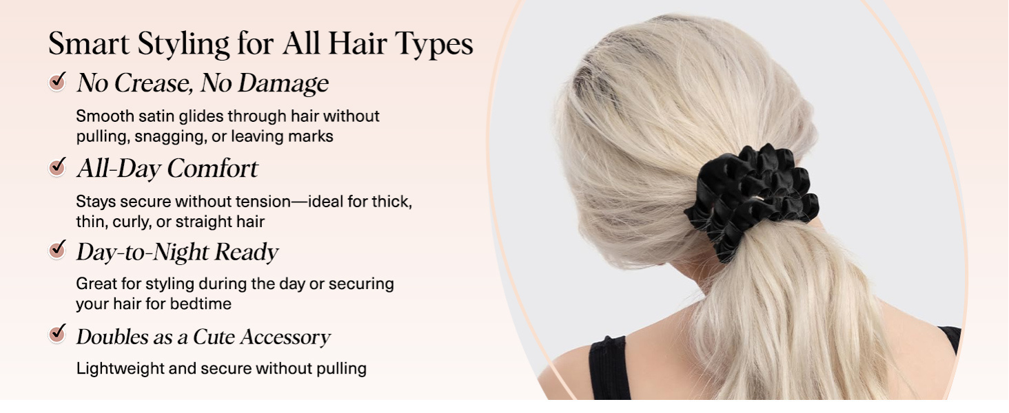 Kitsch Satin Scrunchies for Women – No Crease Hair Ties – Soft Satin Hair Scrunchies for Girls – Frizz Free, Gentle, Stylish Hair Accessories | Ideal Gifts for Women – Black, 5 pcs