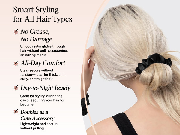 Kitsch Satin Scrunchies for Women – No Crease Hair Ties – Soft Satin Hair Scrunchies for Girls – Frizz Free, Gentle, Stylish Hair Accessories | Ideal Gifts for Women – Black, 5 pcs