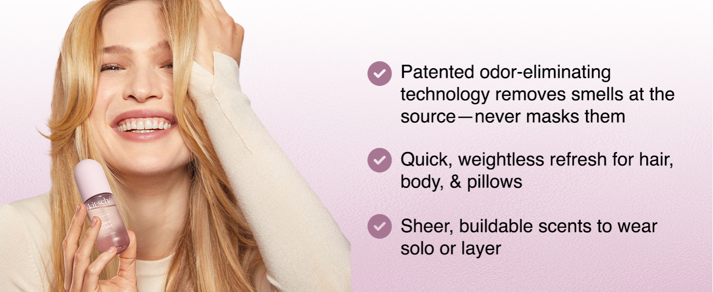 Kitsch Hair Perfume for Women - Sheer Violet | Clean, Deodorizing & Patented Odor-Eliminating Technology Hair Spray & Body Mist - Freshen Hair, Body & Pillows - Raspberry, Soft Musk Scent - 50mL