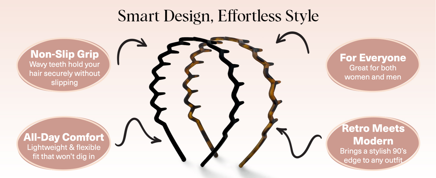 Kitsch Zig Zag Headbands for Women Non Slip – Fashion Accessories for Slicked Back Styles - Comfortable Comb Headband with Teeth | Ideal Gifts for Women - Tortoise & Black Headband - 2 pcs