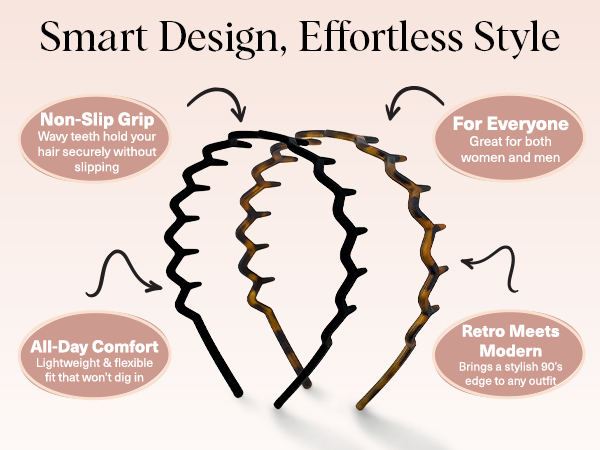 Kitsch Zig Zag Headbands for Women Non Slip – Fashion Accessories for Slicked Back Styles - Comfortable Comb Headband with Teeth | Ideal Gifts for Women - Tortoise & Black Headband - 2 pcs