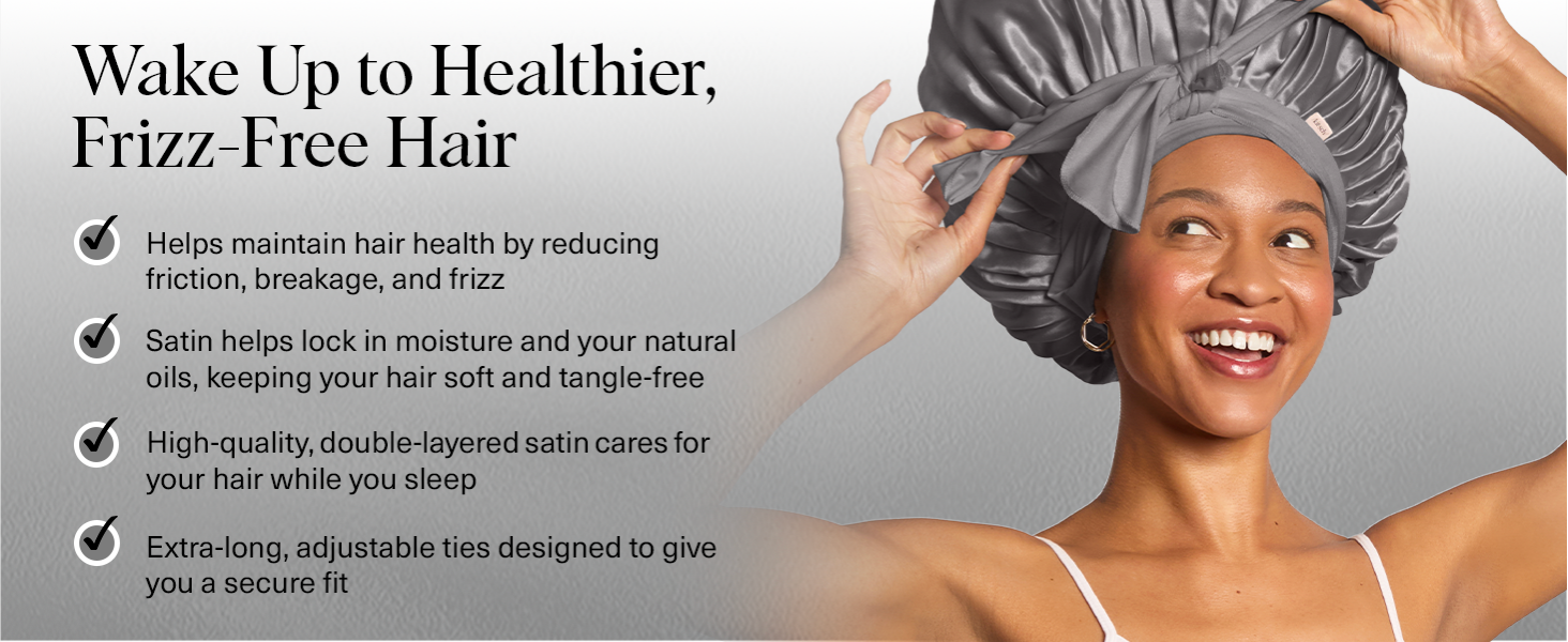 Kitsch XL Satin Bonnet for Sleeping - Softer Than Silk Hair Bonnet for Women - Secure Fit, Adjustable Night Cap for Curly & Textured Hair - Prevents Breakage, Tangles & Thinning - Charcoal